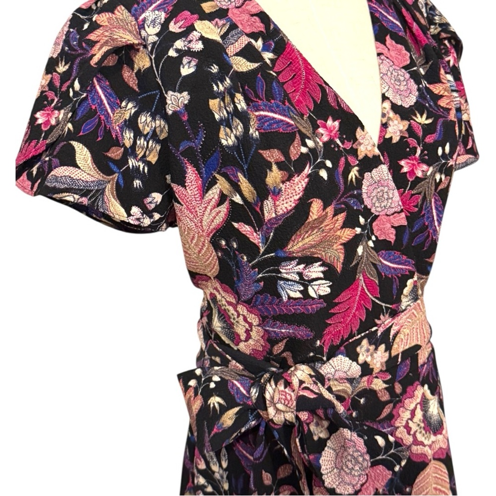 Tahari ASL Floral Belted Midi Dress Size 12 Black Pink Purple Boho Wrap V-Neck - Picture 2 of 8